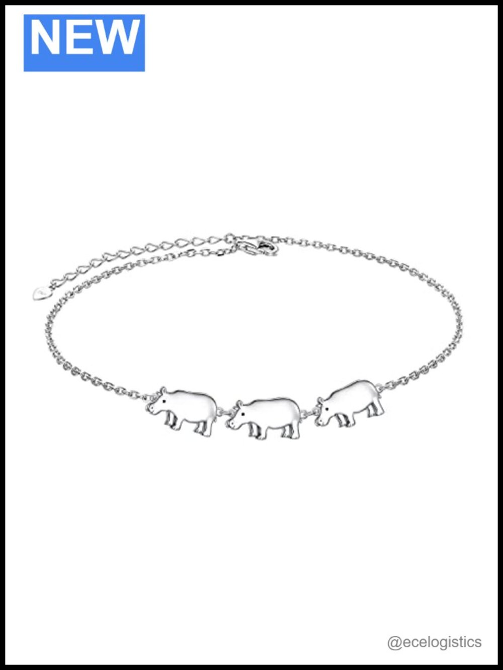 Sterling Silver Hippo Charm Anklet Adjustable 9-10.5 in